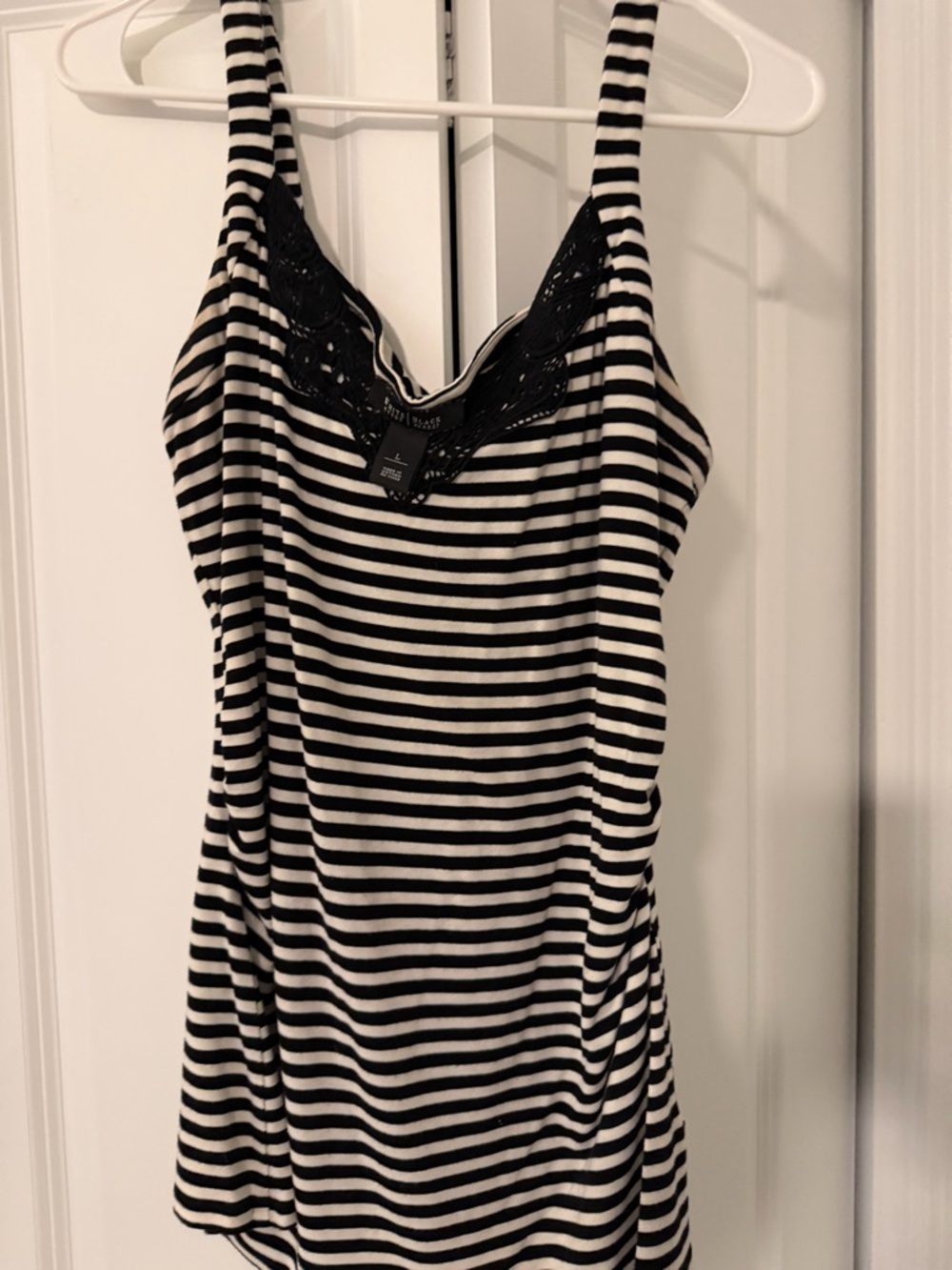 White House Black Market Black and White Striped Lace-Trim Tank